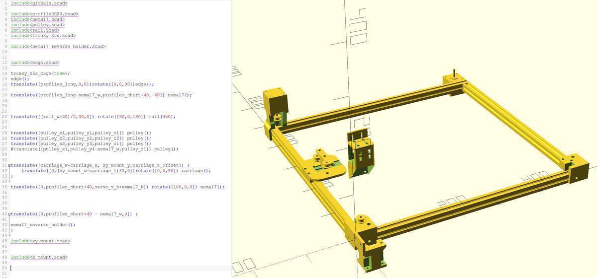 Parts designed for the printer to fix the frame, mount the pulleys, and the printing head carriage.